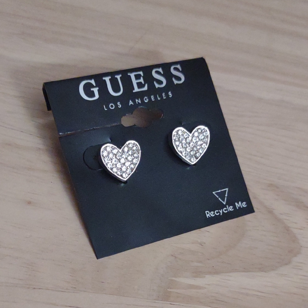 Guess Silver Crystal Heart Stud Earrings Y2k Bling